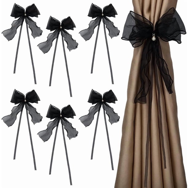 6 abrazaderas de cortina de encaje con alfiler, lazo negro, elegantes cintas de encaje con imitación de perlas de PVC, sujetacortinas, cuerdas decorativas para el hogar.