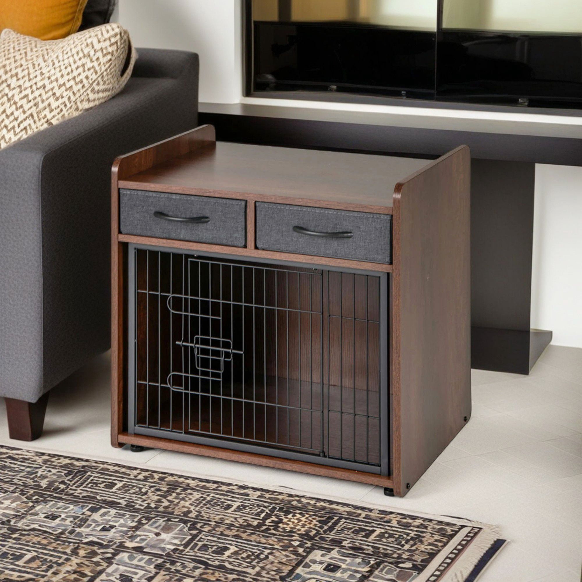 Pefilos 25" Dog Crate Furniture, Indoor Dog Kennel with 2 Fabric Drawers, Decorative Pet Cage Dog House, Brown