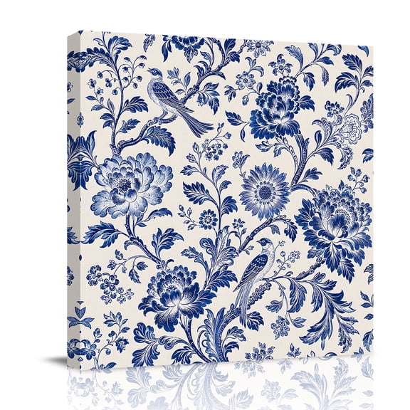 Canvas Wall Art, Vintage Floral Framed Canvas Prints for Living Room Bathroom, Blue Flowers Rustic Birds Pastoral Plants Gallery Wrapped Wall Decor for Home Office, Gifts, 12"x12" Ship Next Day
