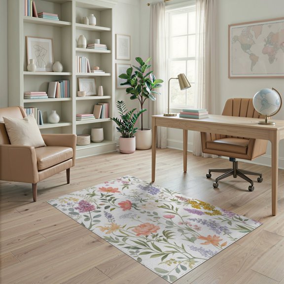 ODIKA 4'x6' Pastel Floral Elegance in Vintage Garden Washable Area Rug Delicate Botanical Patterns for Timeless Decor Stain Resistant, Low Pile, Easy Care for Dorm Room, Small Living
