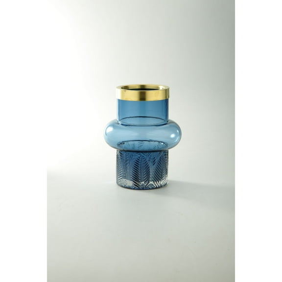 CC Home Furnishings 8" Blue and Gold Leaf Pattern Cylindrical Glass Flower Vase