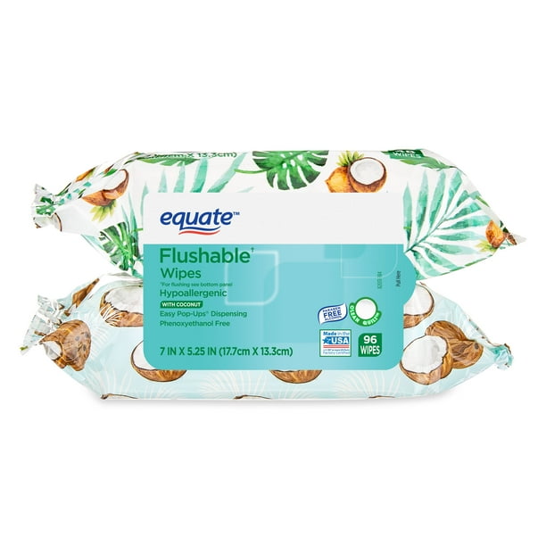 Equate Coconut Scented Flushable Wipe, 2 FlipTop Packs (96 Total Wipes