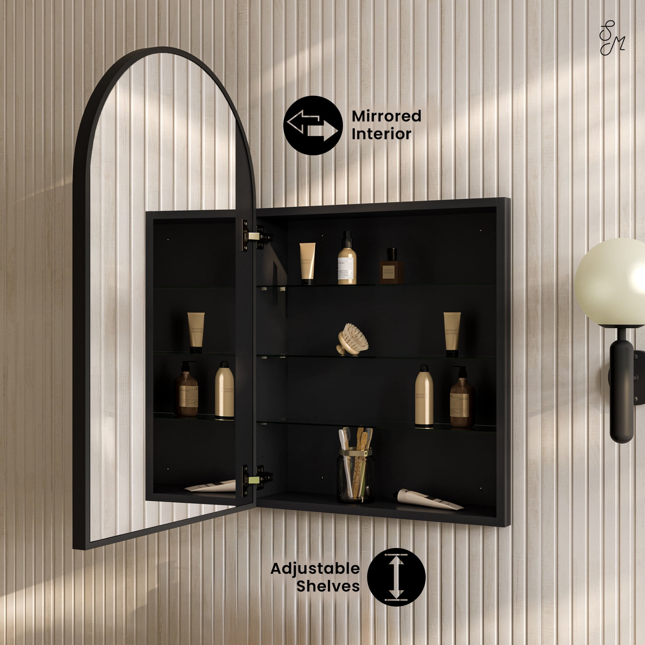 Porte 20 x 30 Arched Recessed/Wall Mount Medicine Cabinet with Mirror in Black