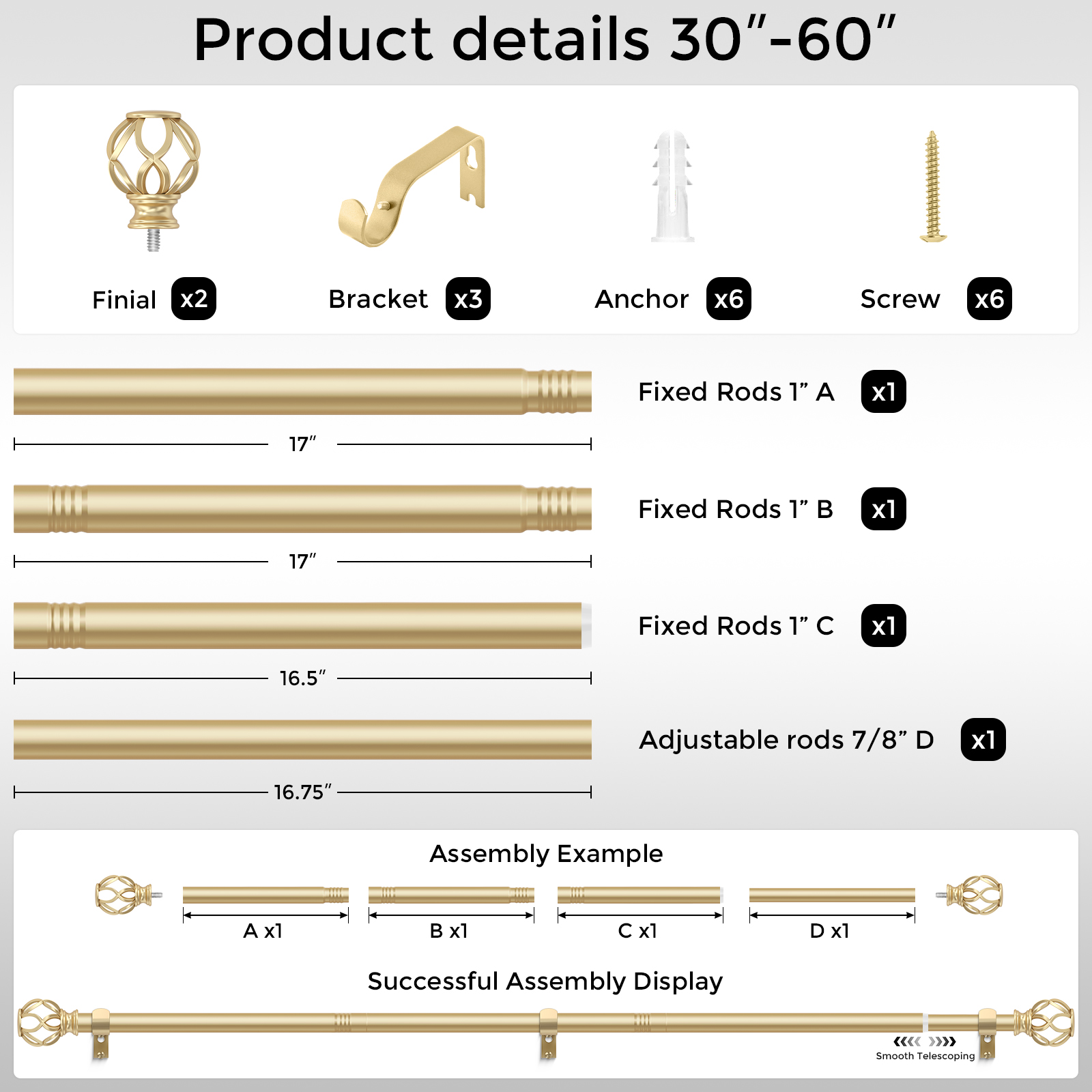 OLV 1" Gold Twist Cage Adjustable Single Curtain Rod Set for Windows,30-60"