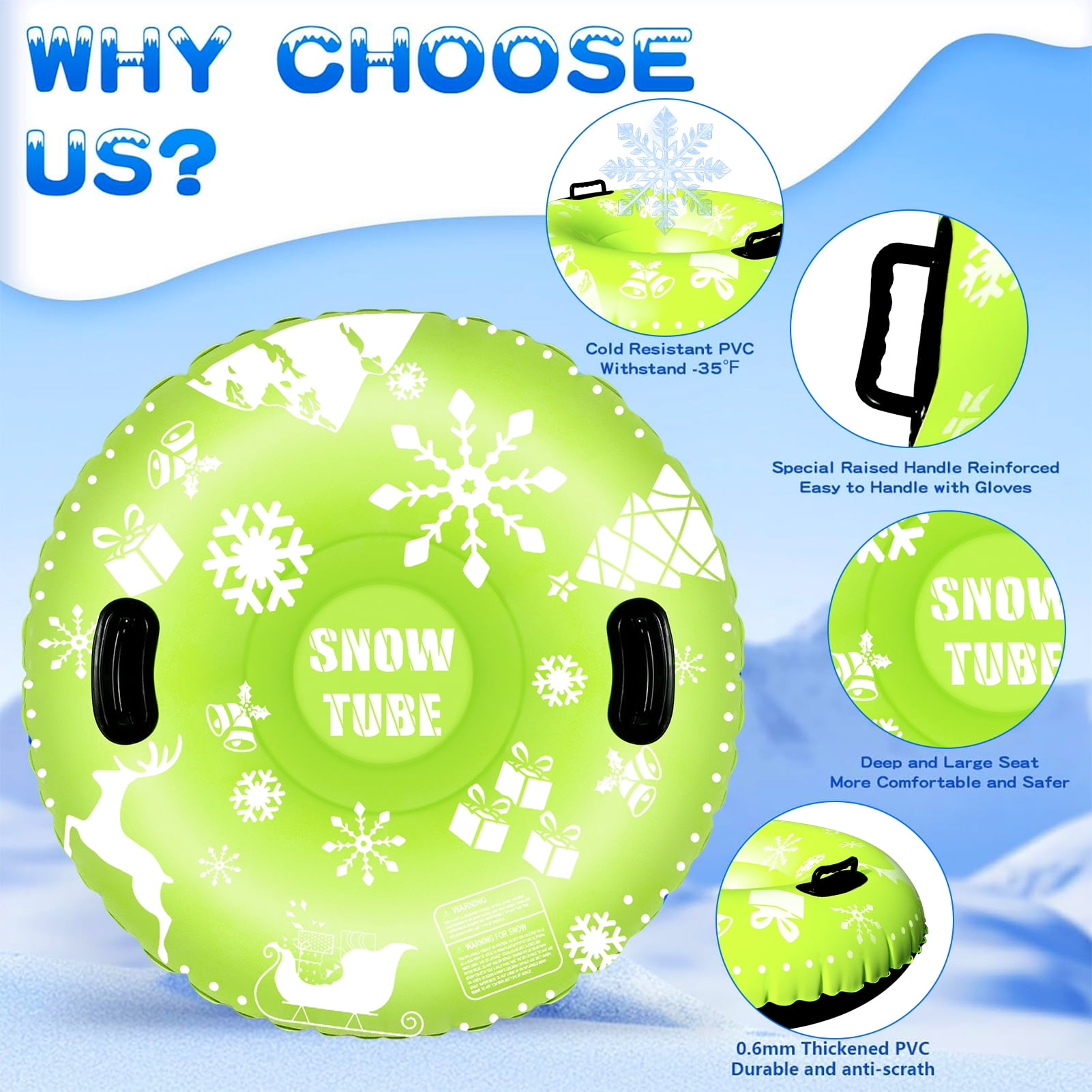 GMZW Snow Tube, 2 Packs for The Whole Family Inflatable Snow Sled for Kids and Adult, Thickened Heavy Duty Hard Bottom Sleds for Snow with Handles, Winter Toys for Outdoor Sledding Snow Tube Sports
