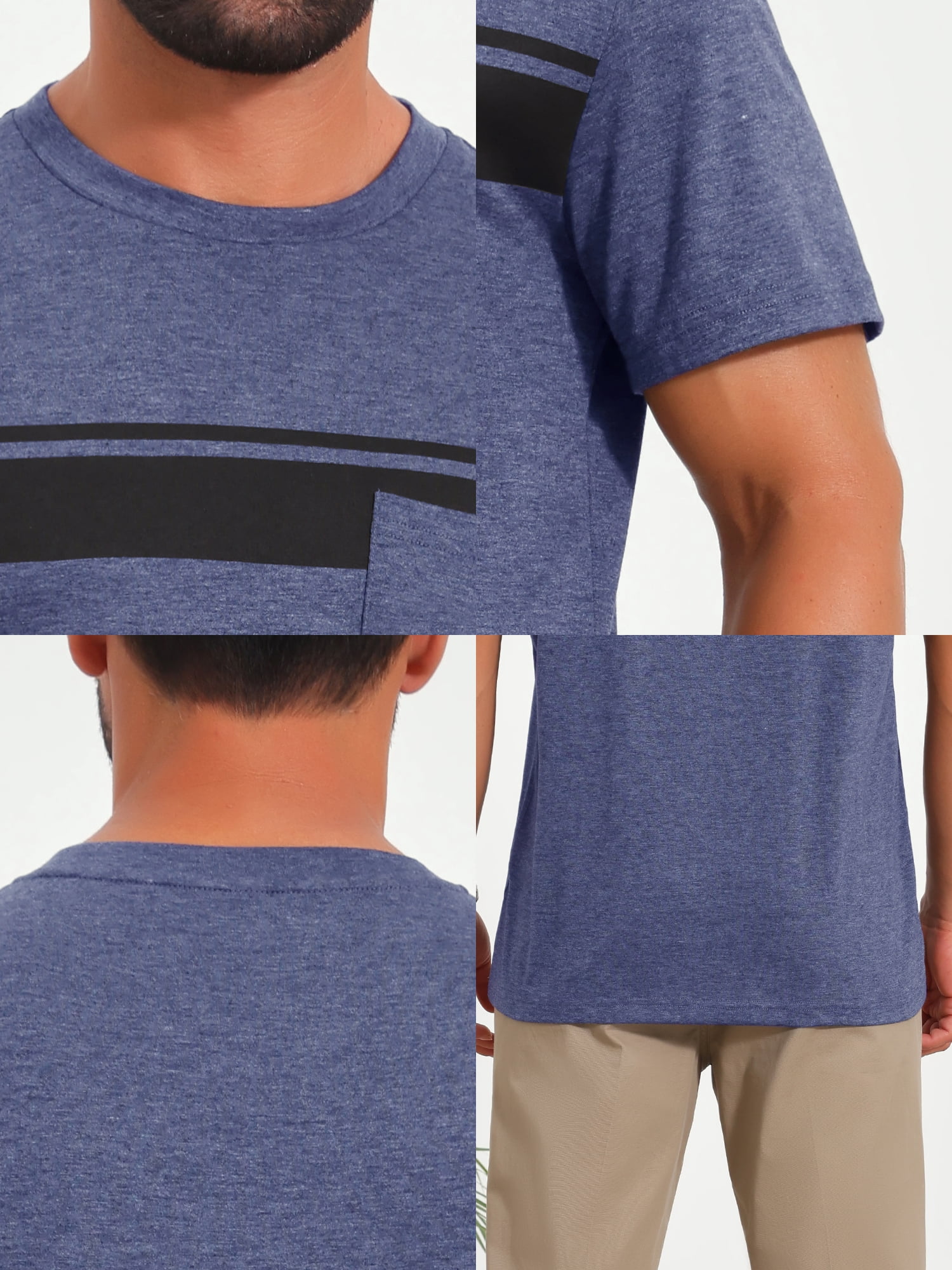 DARING DIVA Men's Chest Pocket Striped Print Crew Neck Short Sleeve T-Shirt XL Dark Blue