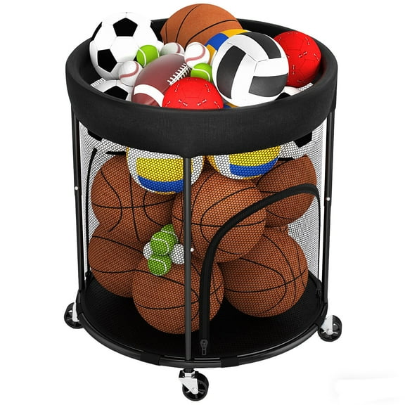 51.36gal Ball Storage Cart with wheels, 2 SideOpening Ball Basket, Garage Sports Equipment Organizer for Basketball, Sports Ball Storage Bin, Ball Organizer forGarage, Playground and Outdoor