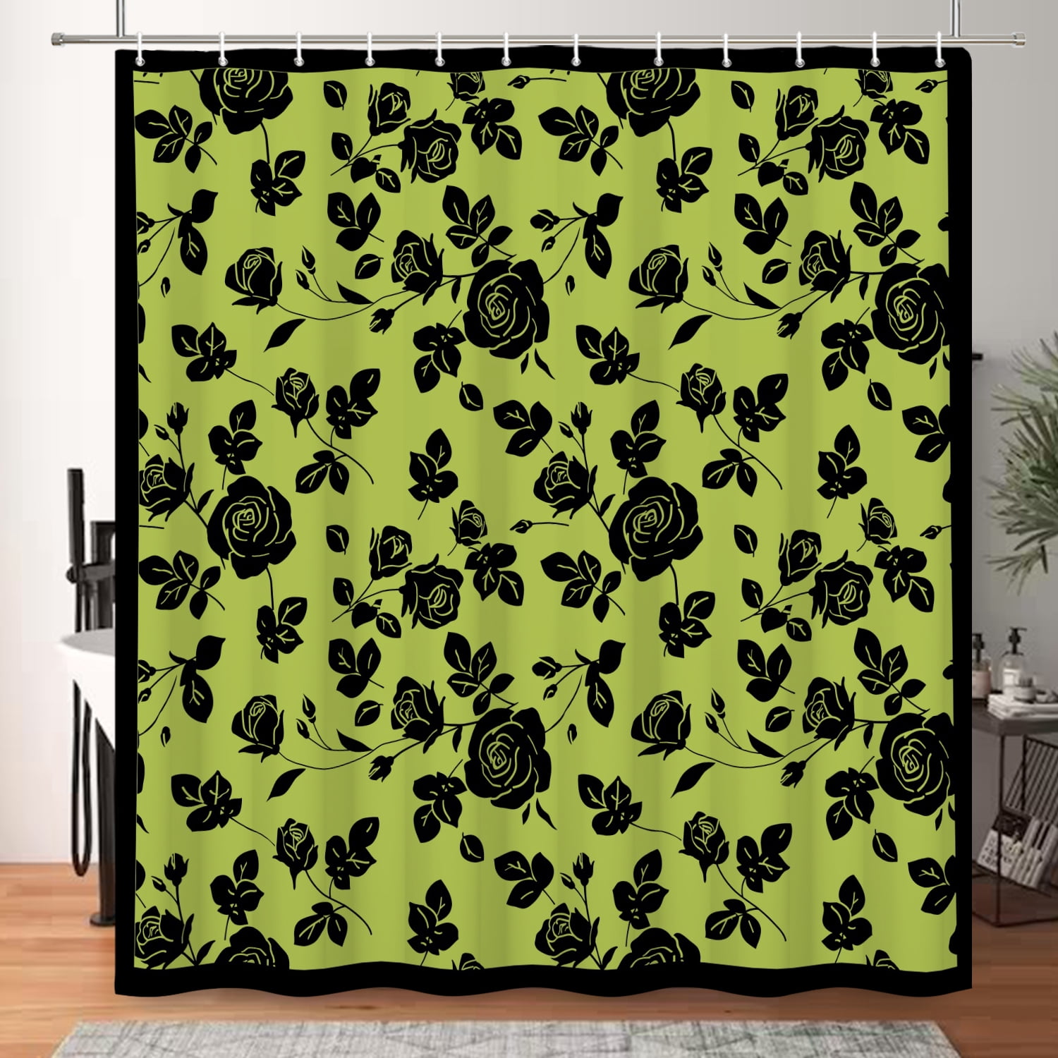 MIZHONA Black and Green Floral Shower Curtain Vintage Rose Print Waterproof Fabric Bathroom Curtain 60x72 in