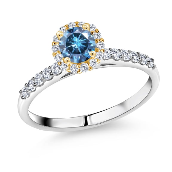 Gem Stone King 925 Sterling Silver Ring with 10K Yellow Gold Prongs Persian Blue Moissanite and Lab Grown Diamond (0.79 Cttw, Size 8)