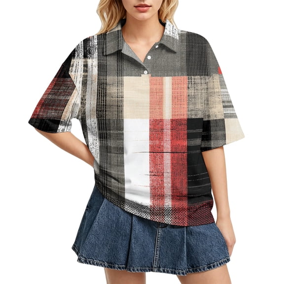 Domzest Polo Shirts for Women Button Lapel Collared Short Sleeve Tops Color Block Business Casual Basic Tees White S