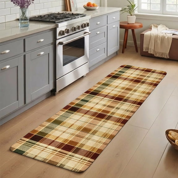 Entryway Runner Rug 19.7''x63'', Warm Brown Checked Indoor Outdoor Front Door Mat with Non-Slip Rubber, Fall Farmhouse Buffalo Plaid Absorbent Runner Doormat for Hallway Kitchen Back Door Entrance