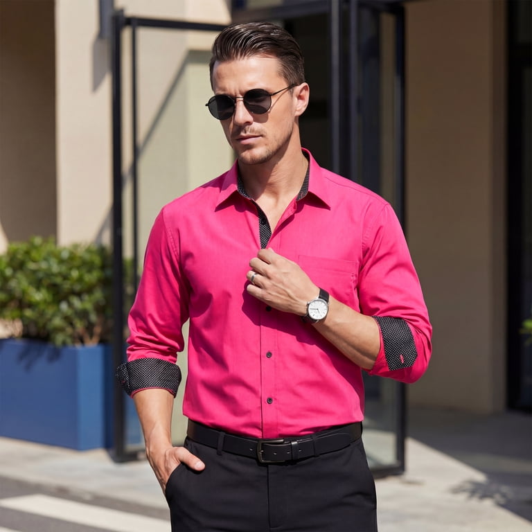 Sumtumn Mens Dress Shirt Button-Up Long Sleeve Regular Fit Shirt with Paisley Inner Contrast Hot Pink, Men's, Size: XL