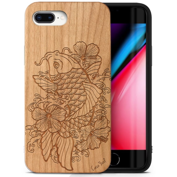 Case Yard Wooden Case Outside Soft TPU Silicone Slim Fit Shockproof Wood Phone Cover for Girls Boys Men and Women Supports Wireless Charging Hibiscus & Koi Fish Design case for iPhone-8-Plus