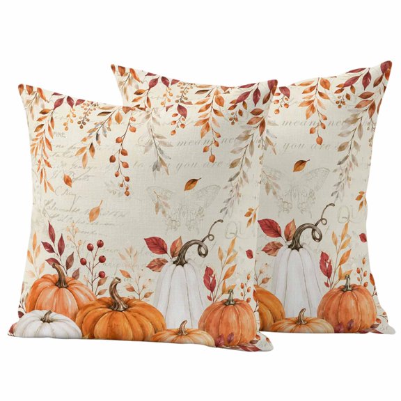 Orange Pumpkins Fall Outdoor Waterproof Pillow Covers, Eucalyptus Leaves Thanksgiving Beige Decorative Square Throw Pillowcase Sofa Cushion Sham for Patio/Couch/Chair, 18"x18" 2 Pack