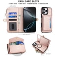 thumbnail image 4 of For iPhone 12【RFID Blocking】Multi functional 2-in-1 Soft PU Leather Wallet Case Magnetic Flip Cover Multi-Card Slots Zipper Pocket With Detachable Shoulder Strap And Wrist Strap,Rose gold, 4 of 8