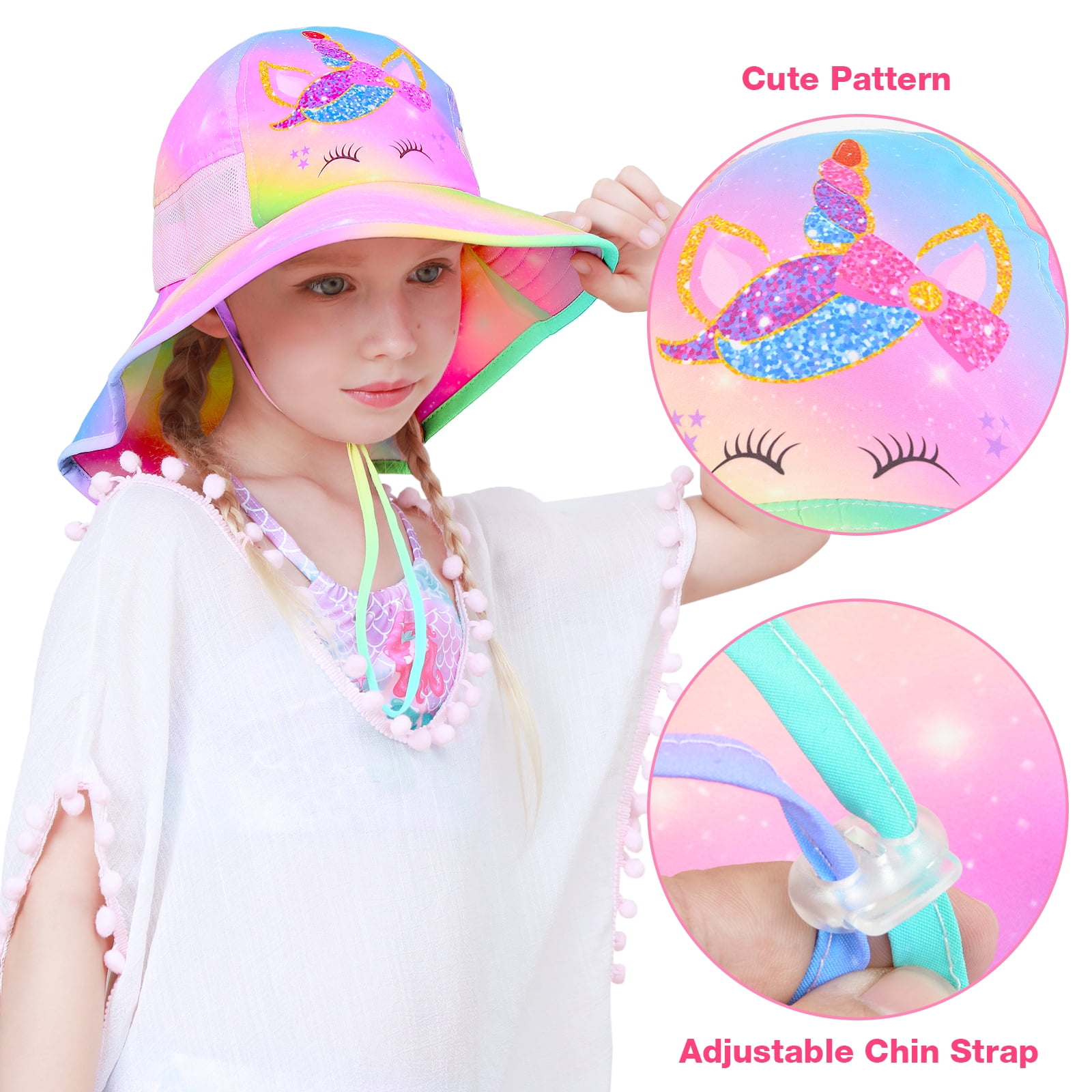  Kids Sun Hat UV Protection Unicorn Summer Beach Play Hats Wide  Brim Neck Flap for Girls 2-9 Years, Blue Purple: Clothing, Shoes & Jewelry