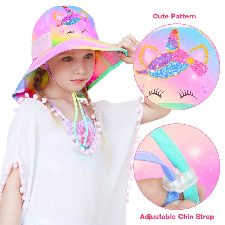 Girls Sun Hat for Kids UV Protection Unicorn Summer Hat Beach Play Hats  Wide Brim Neck Flap for Girls Ponytail Hat 3-8 Years