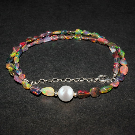 QNAVIC Ultra Fire Black Ethiopian Opal Stone Beads with Pearl Handmade Necklace For Women, Healing Crystal, Birthstone Jewelry, Rhodium Plated Sterling Silver Chain 18" Christmas Gifts