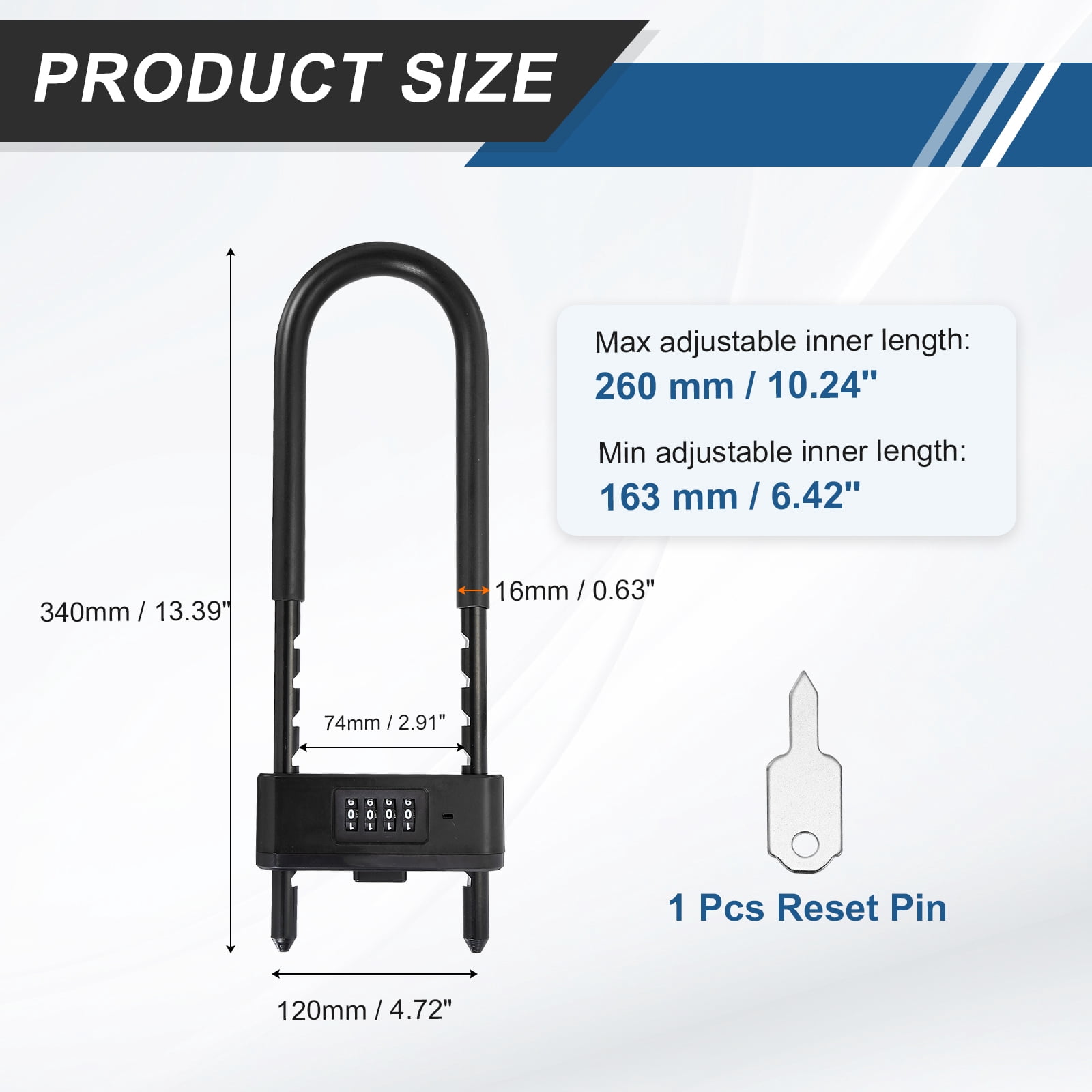 Uxcell 4 Digit Combination Padlock, Long Shackle Padlock - [6.42" - 10.24", Black], U-Shape Adjustable Shackle Lock for Bicycles Electric Bikes Mountain Bikes Glass Doors Gates