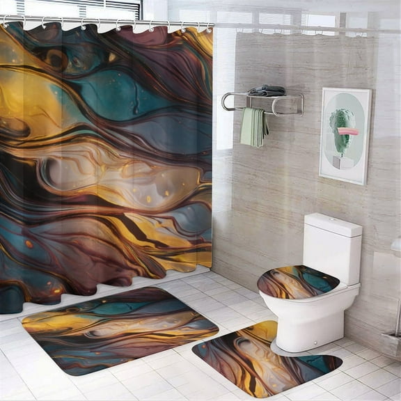 4 Pcs Marble Texture Shower Curtain Set with Non-Slip Rugs Bathroom Set Bathroom Carpet Bath Mat And Toilet Rugs