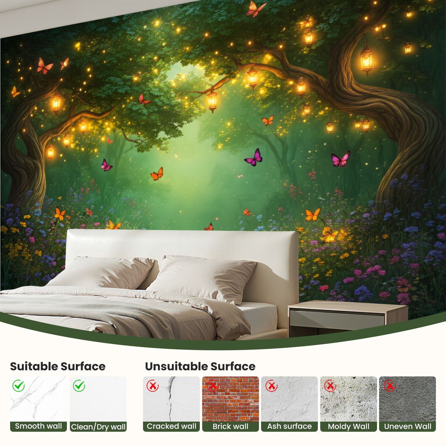69"x98" Wall Mural Peel and Stick Wallpaper Magical Forest Lanterns Butterflies Wall Decor Self Adhesive Removable Wall Stickers for Bedroom Living Room