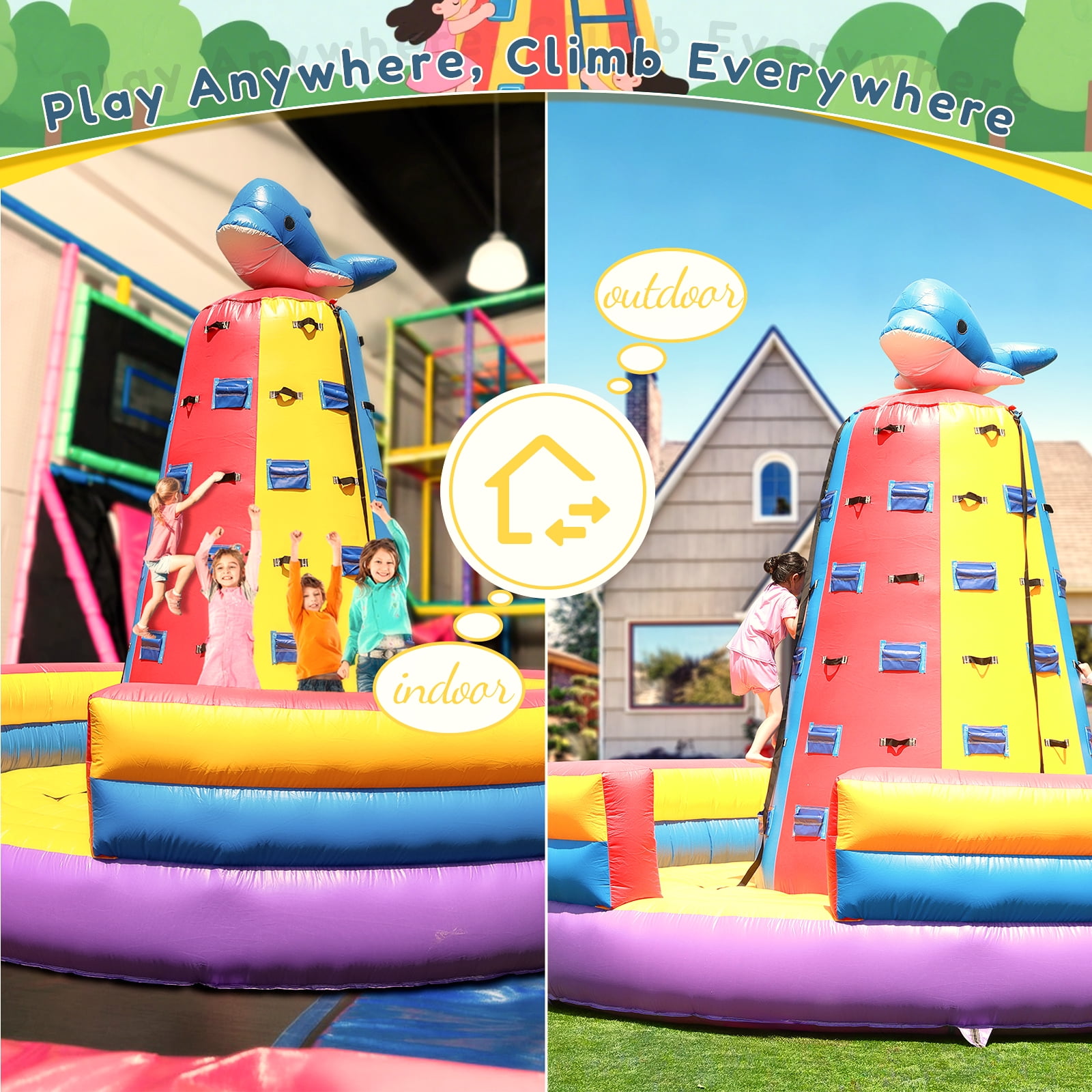 Relunch 14.8X11.8FT Inflatable Dolphin Rock Climbing Wall Tower for Kids with 1100W Blower – Commercial PVC Outdoor Adventure Game with Safety Ropes & Harnesses