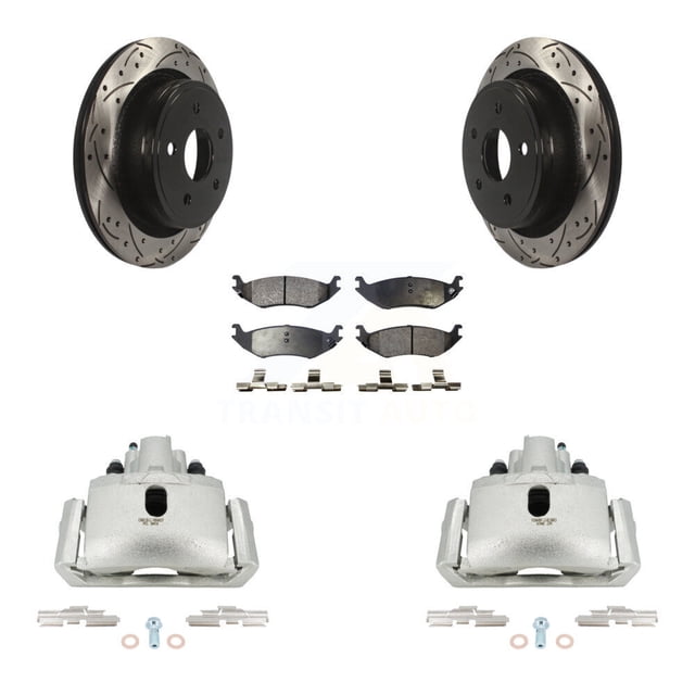Transit Auto Rear Disc Brake Coated Caliper Drilled Slotted Rotors and Semi-Metallic Pads Kit for Car Dodge Ram 1500 KCD-100606P