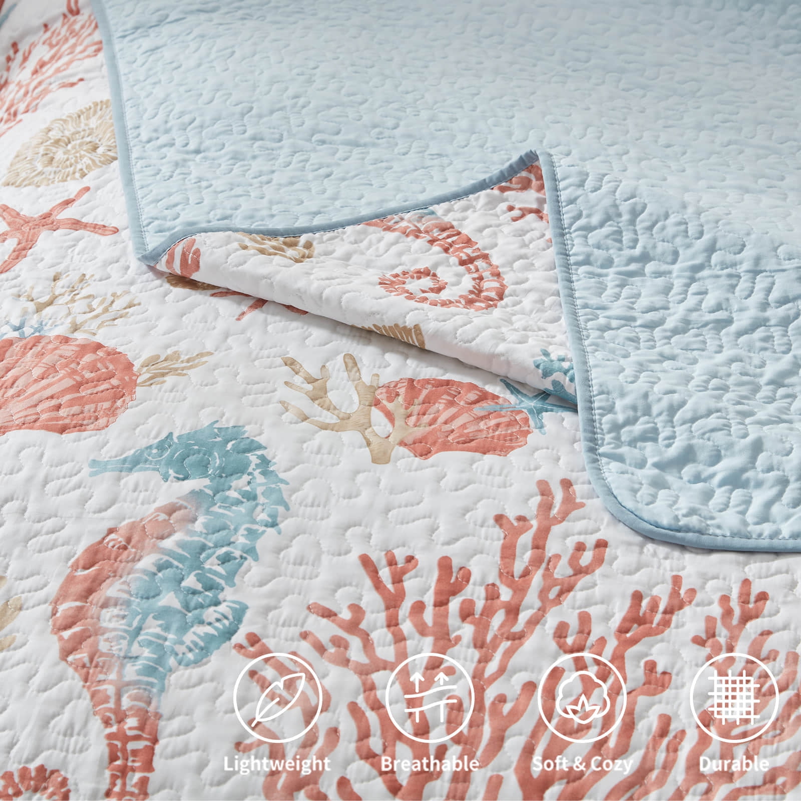 Coastal Quilt Set California King Size - Lightweight Microfiber Reversible Bedspread, 106''x118'', Coral, Includes 2 Shams