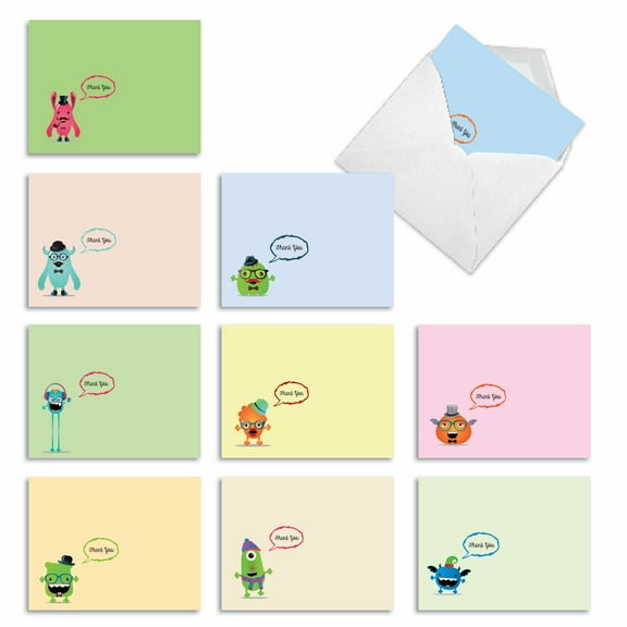 10 Pack Thank You Note Cards With Envelopes - Hipster Monsters