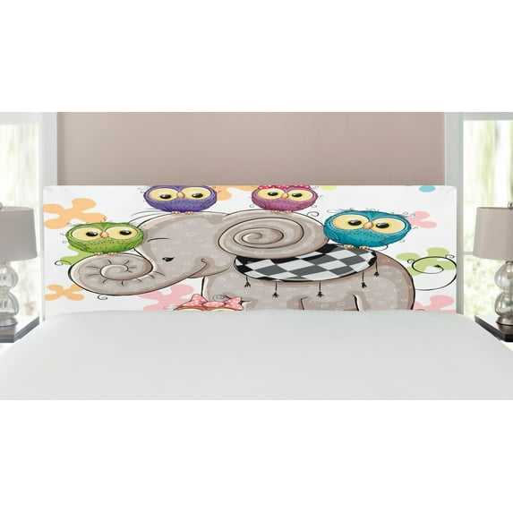 Cartoon Headboard, Cartoon and Owls Floral Background Animal Love Big Eyes Boys and Girls, Upholstered Decorative Metal Bed Headboard with Memory Foam, King Size, Multicolor, by Ambesonne