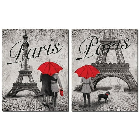 - Gango Home Decor Strolling in Paris Eiffel Tower and Red Umbrella Wall Art by Todd Williams; Two Black and White 11x14in Unframed Paper Prints (Paper Only, No Frame)