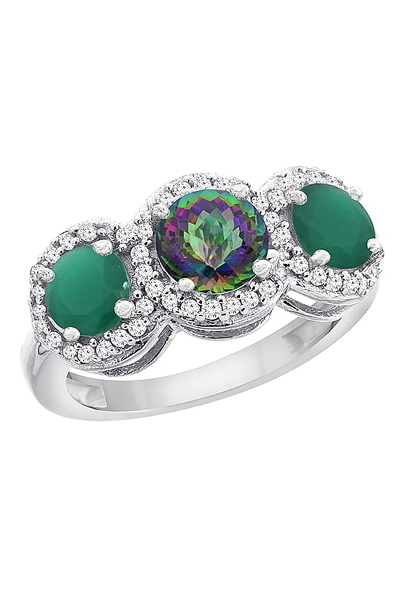 14K White Gold Natural Mystic Topaz & Emerald Sides Round 3-stone Ring Diamond Accents, size 10