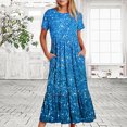 thumbnail image 2 of Penkiiy Women's Summer Casual Short Sleeve Crewneck Shiny Print Dress Casual Flowy Tiered Maxi Beach Dress With Pockets 2XL Light Blue, 2 of 7