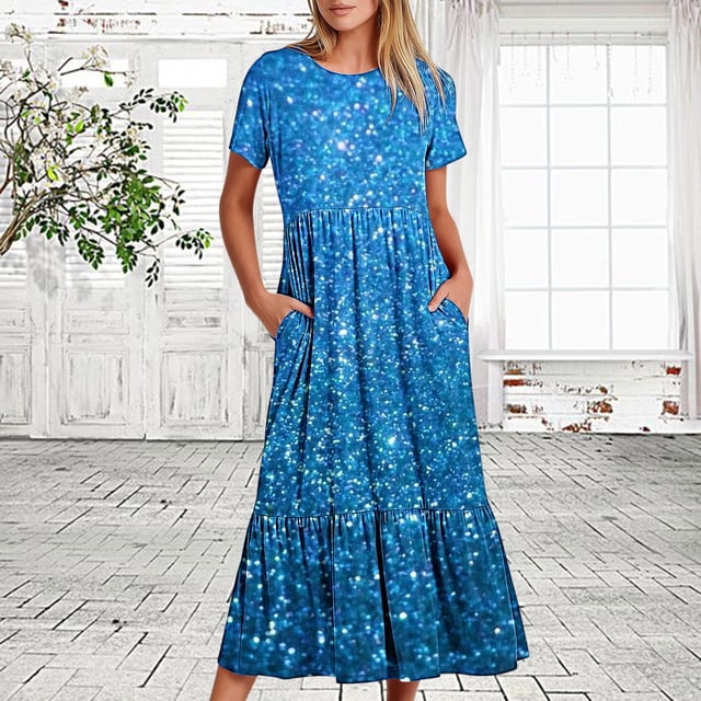 LOVZFMLL Robe d'Été Décontractée à Manches Courtes Col Rond Décontractée Fluide à Étages Maxi Robe de Plage avec Poches Imprimé Brillant Bleu Clair G