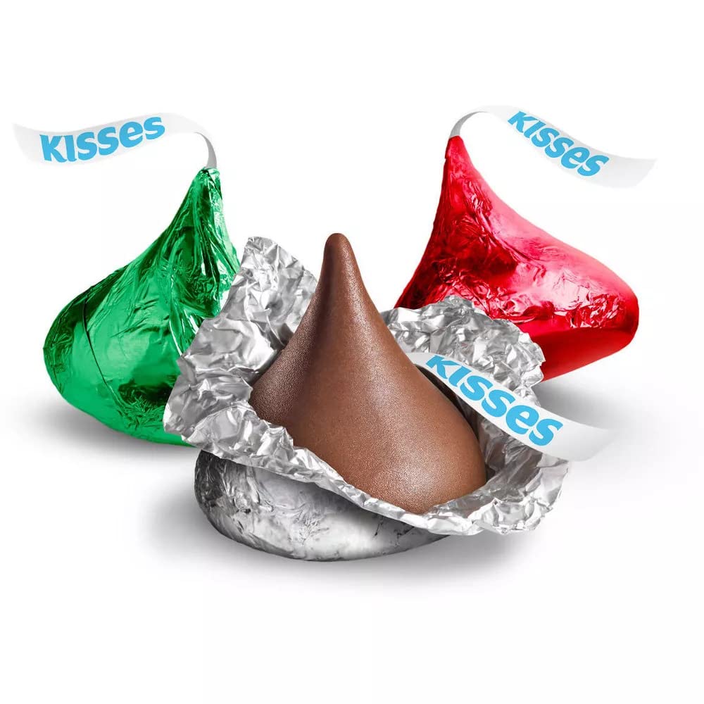 Hershey's Kisses Bulk Candy Christmas Colors, Red, Silver And Green Foil, Milk Chocolate Candy, Bulk Bag, Romantic Gift, Individually Wrapped In Red, Silver And Green Foil (Christmas Colors, 2 Pound)