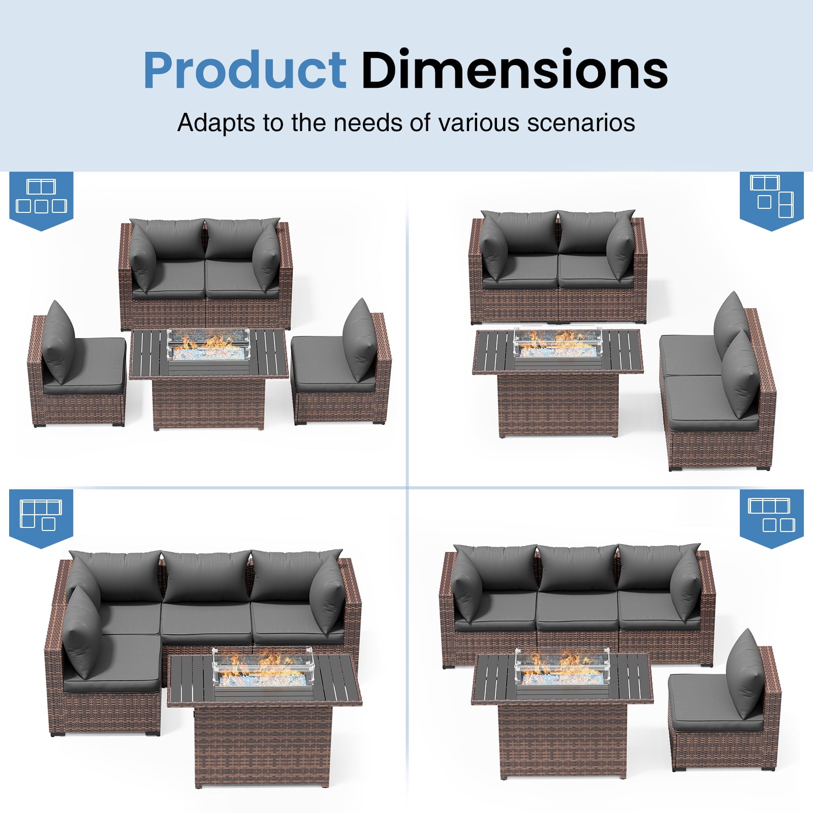 ELPOSUN 5 Pieces Patio Furniture Set All Weather Outdoor Sectional Sofa, Outdoor Modern Sectional Furniture Wicker Couch with Fire Pit Table, Thicken Gray Cushions, Water Resistant