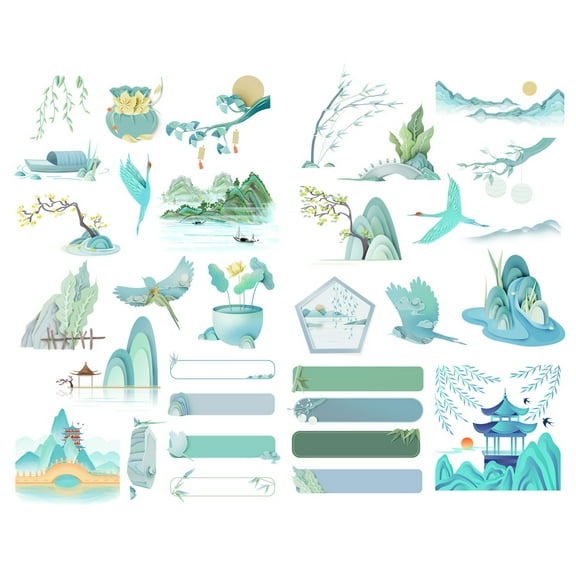 Retro Cyan Chinese Pattern Precut Cute Aesthetic Diary Travel Paper Journal Stickers Scrapbooking Stationery Sticker Flakes Art Supplies
