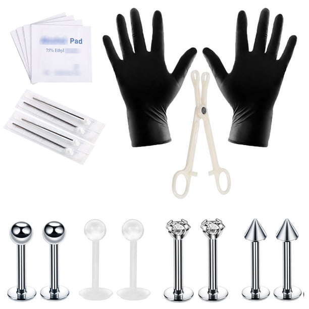 Kit de herramientas para perforación corporal, 19 Uds., agujas para labio, lengua, trago nasal