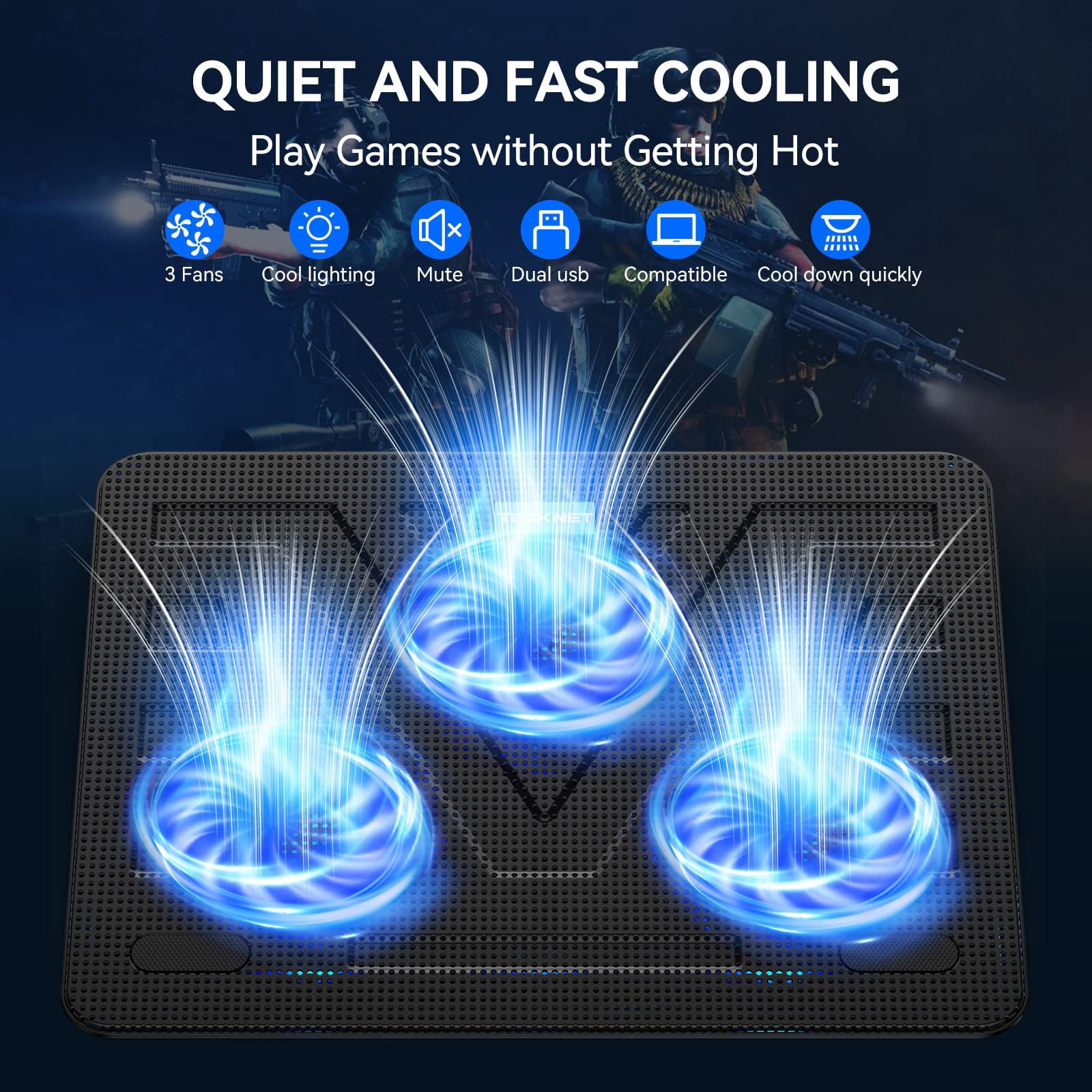 Laptop Pad  Portable Slim Quiet Usb Notebook Cooler Stand Chill Mat With 3 Blue Led Fans Fits 12-17 Inches (black)