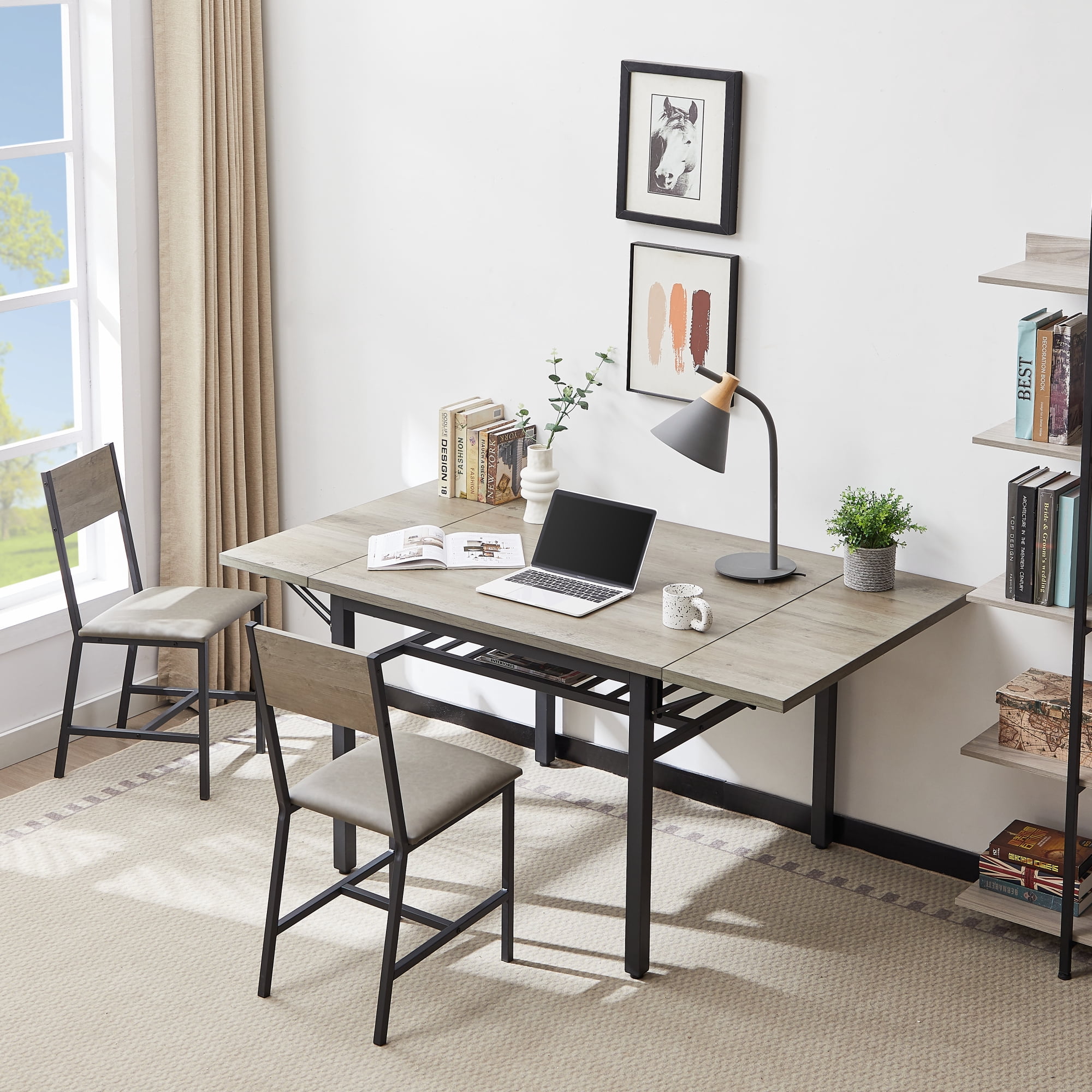 Folding Dining Table,Drop Leaf Kitchen Table for 2-6 People,Extension Dinner Table for Small Spaces,63.2'' L x 35.5'' W x 30.5'' H,Gray