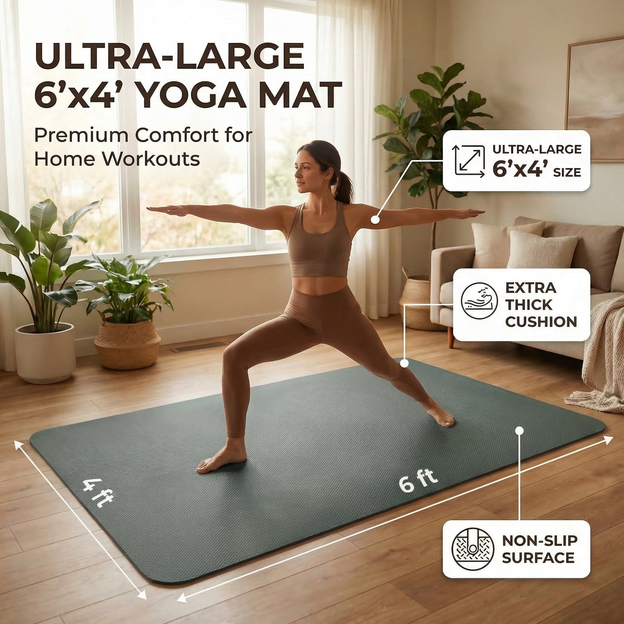 FrenzyBird Large Yoga Mat, 6'x4'(72"x48") 183x122cm, 6mm thick TPE non-slip extra wide exercise mat. Ideal for home yoga, Pilates, gym & floor workouts, suitable for women and men (Dark Green)