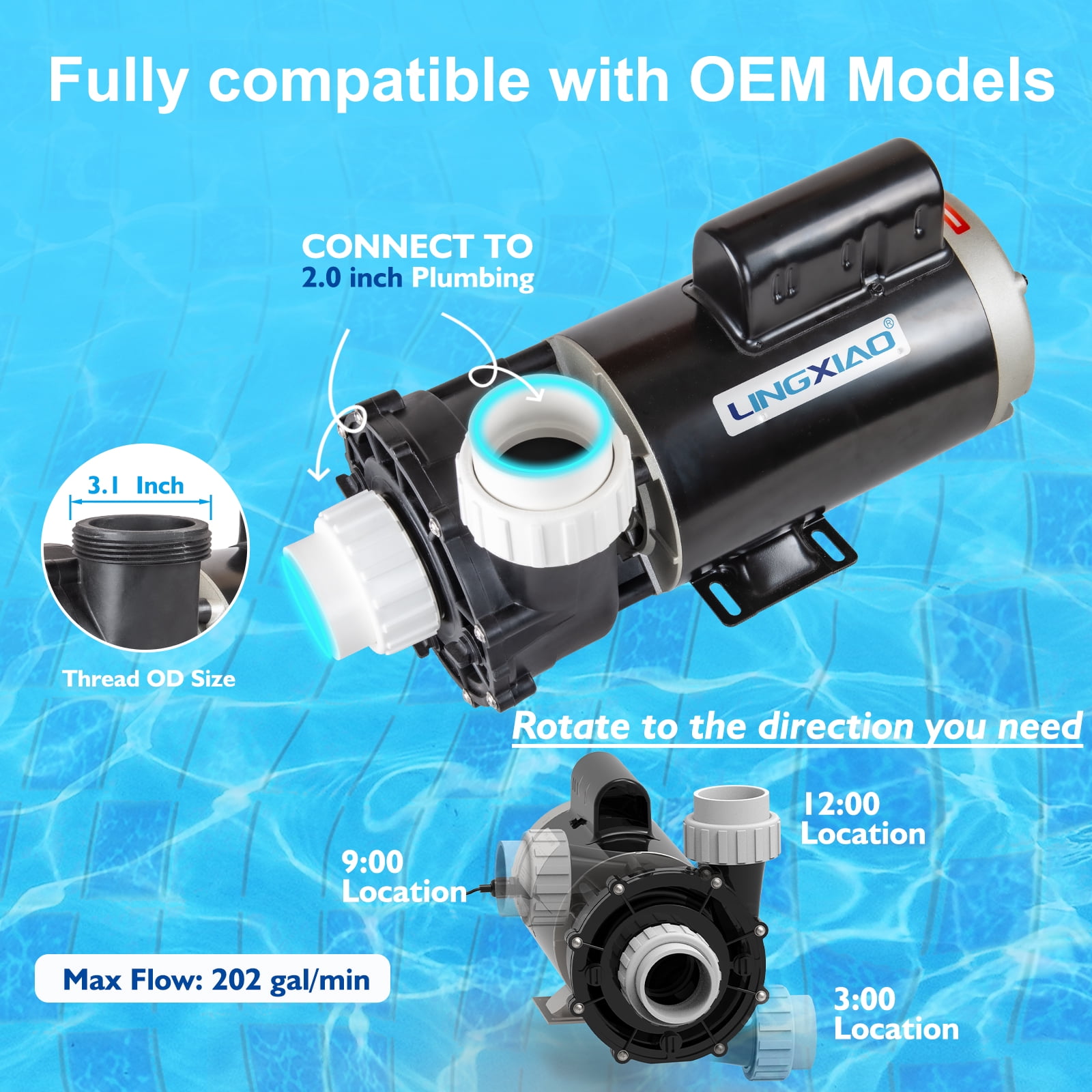 LINGXIAO SPA Pump, Single Speed Hot Tub Pump - LX SPA Pump Motor 4HP, 230V, 2" Port (Model: 56WUA400-I)