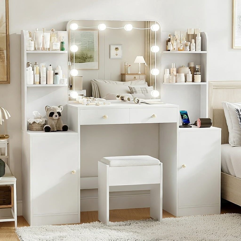 53" Makeup Vanity Set with Mirror and Lights, Pipleo Big White Makeup Vanity Desk with Chair and Power Outlet, 3 Color Lighting Modes & Adjustable Brightness for Bedroom