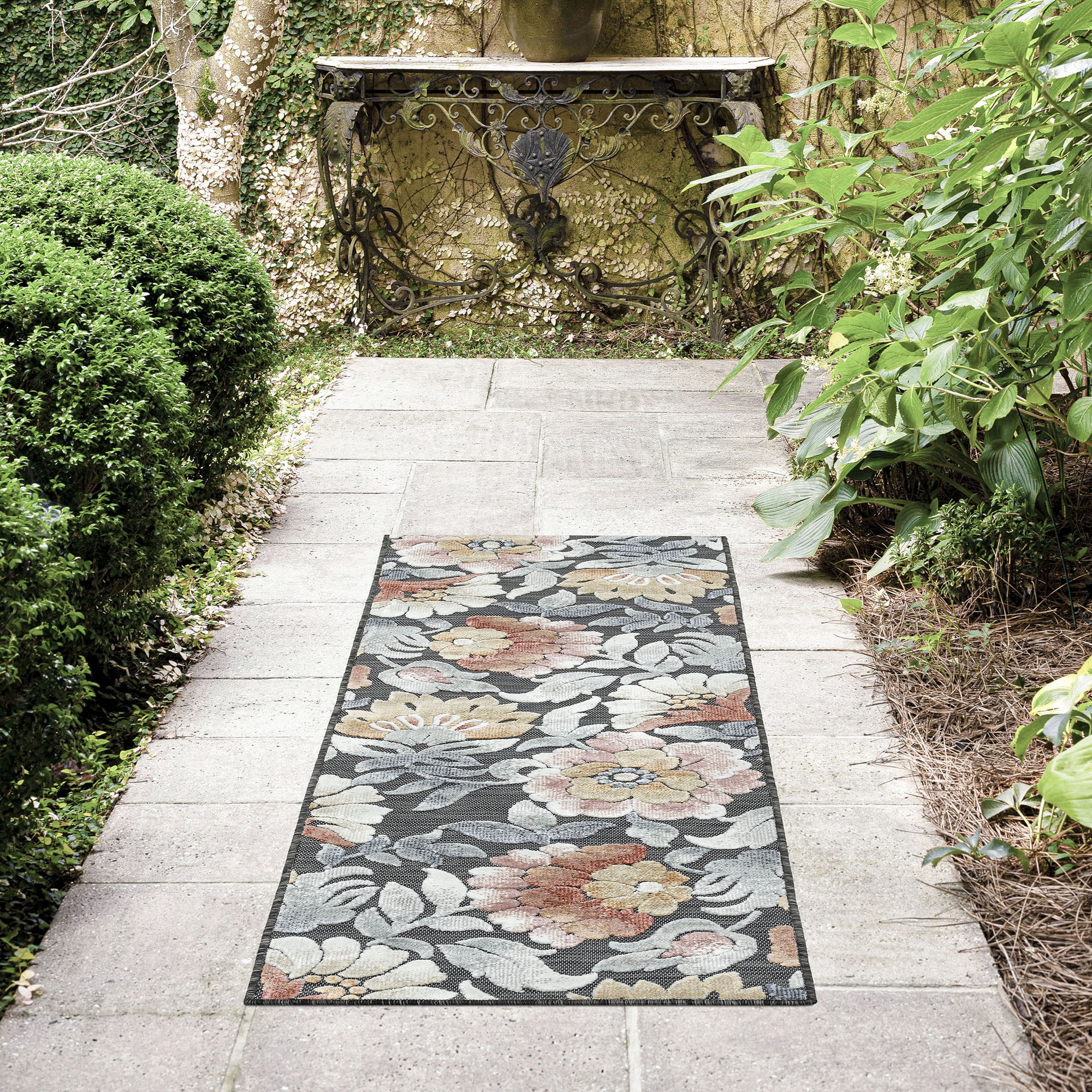 Bliss Rugs Floral Indoor Outdoor Rug Water Resistant Runner Rug for Patio, Hallway, Entryway, Deck, Black ,2' x 8'