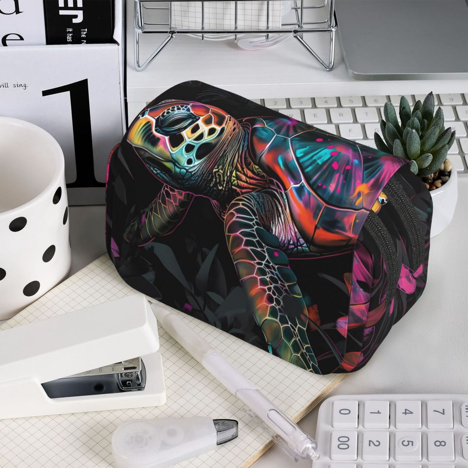 Rateoe Colorful Plant Turtle A Pattern Double Clamshell Pen Case, Storage Organizer with Two Zipper Compartments– Holds Up to 50 Pencils & Pens