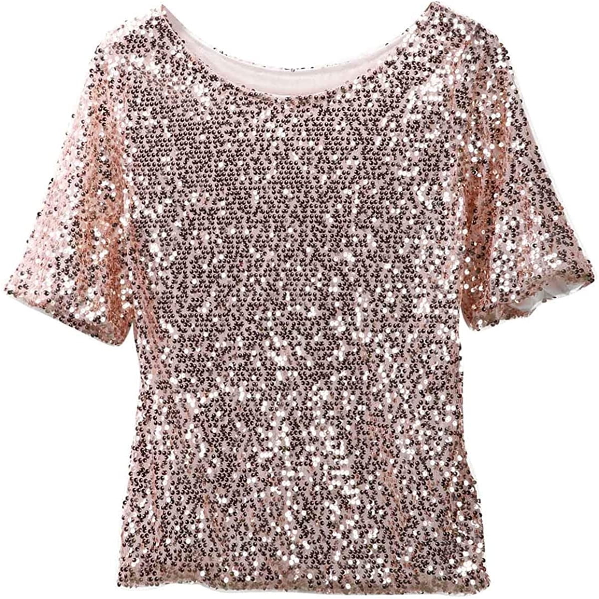 Suanret Women Short Sleeve Sequins Embellished Club T-Shirt Sparkle ...