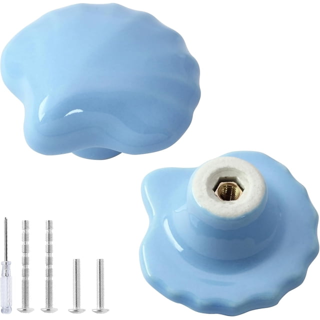 2pcs Blue Ceramic Cabinet Knobs, Shell Shaped Drawer Knobs for Kids' Bedroom Blue + Shell Shape 2 Pack
