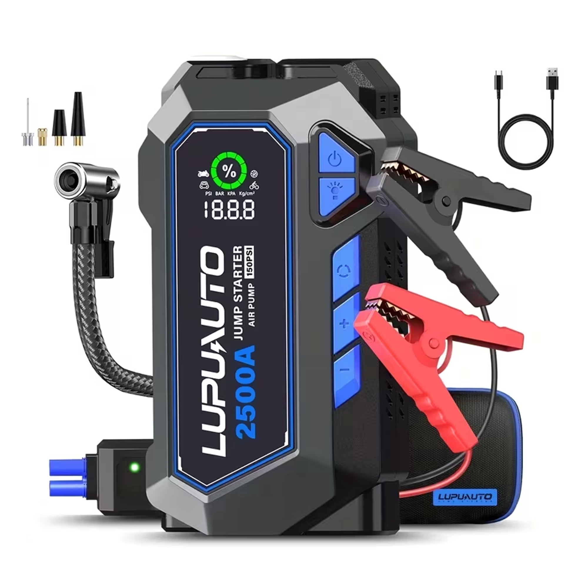 LupuAuto Jump Starter with Tire Inflator 2500A Jump Starter with 150PSI Air Compressor. 12V Battery Booster Power Bank for All Gas and 6.5L Diesel