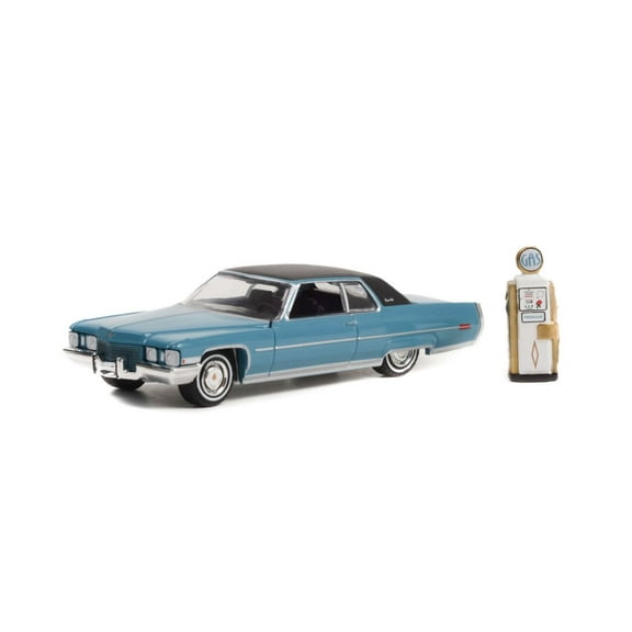 1972 Cadillac Coupe deVille w/ Vintage Gas Pump, Blue - Greenlight 97130A - 1/64 scale Diecast Car