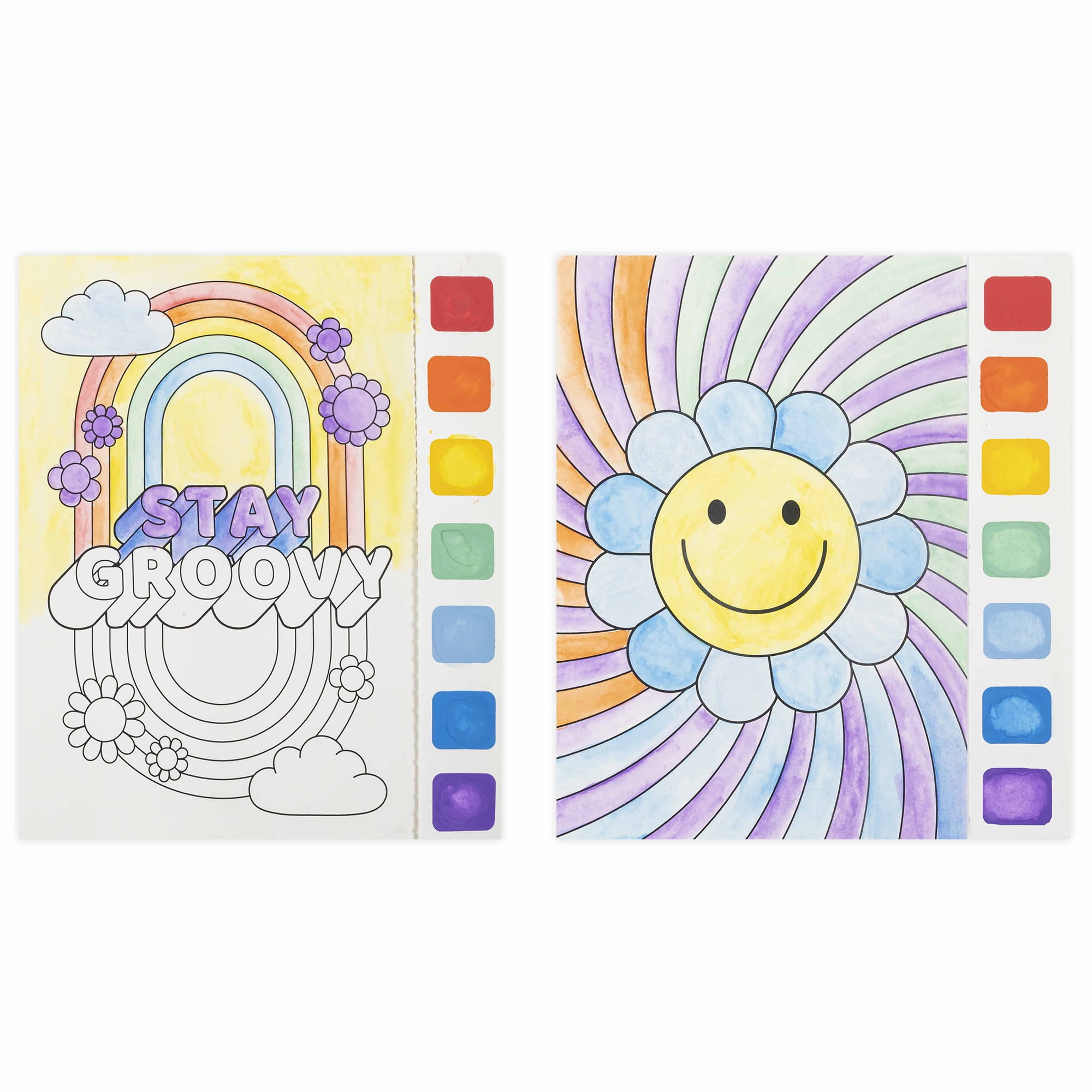 Vivid by Brea Reese: Watercolor Pad Kit - Rainbow - 8 Retro Groovy Themed Designs & 4 Blank Sheets, 12 Detachable Paint Palettes, Brush, Art Activity